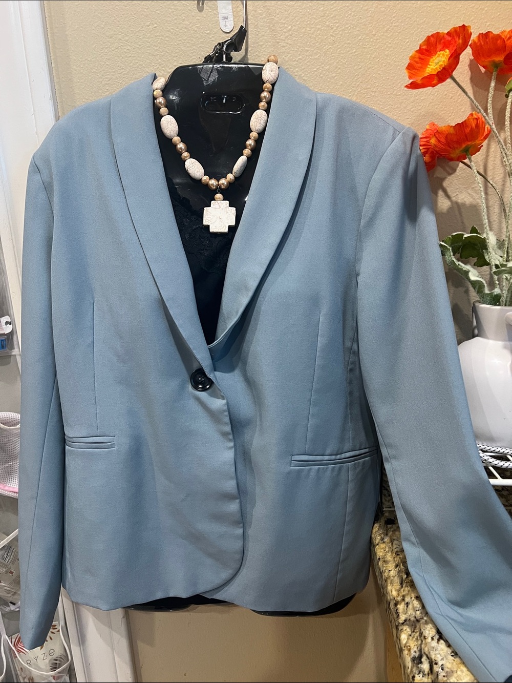 Classic Woman Powder Blue Shawl Collar Blazer